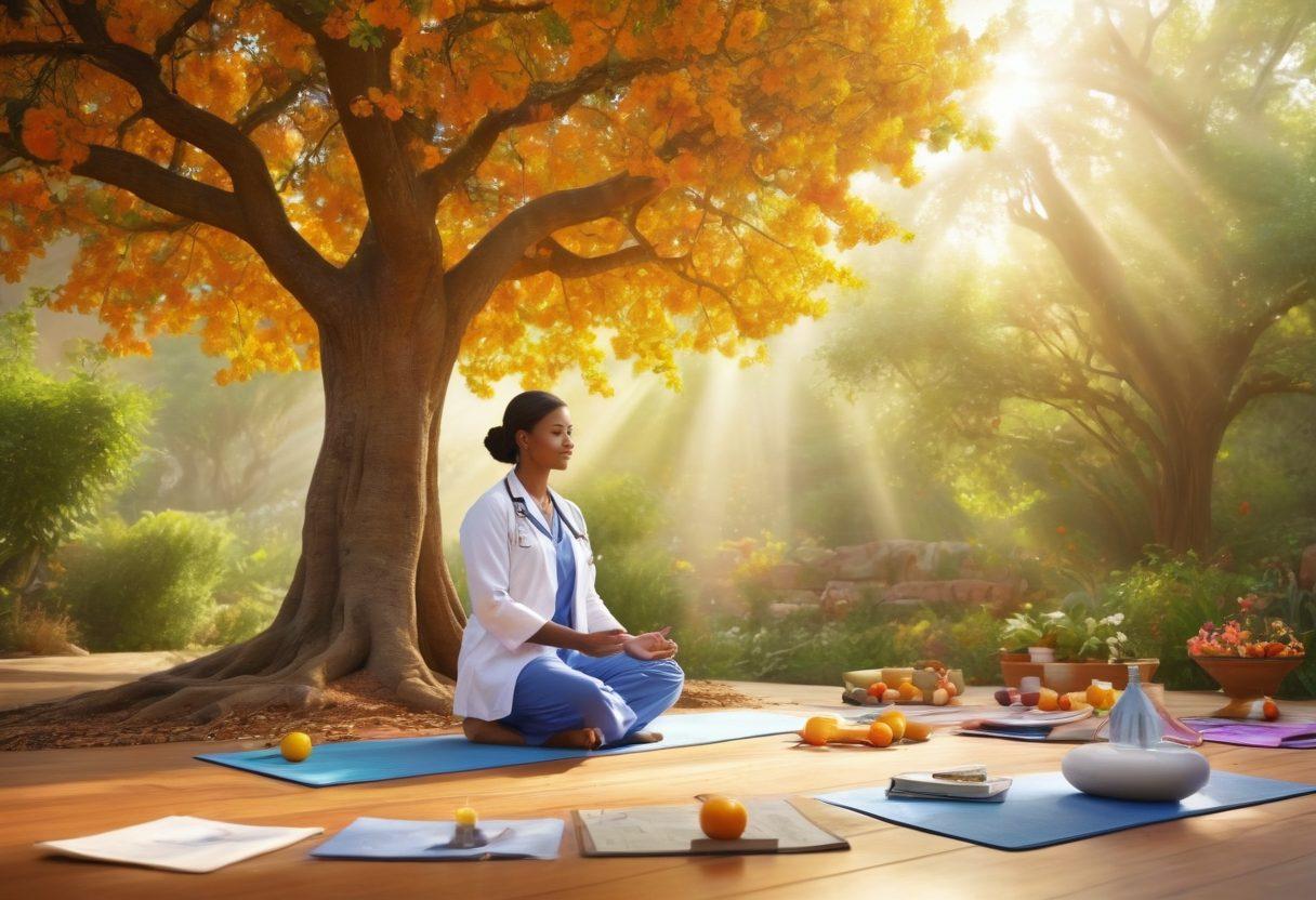 A serene scene depicting a compassionate physician interacting warmly with a diverse group of patients, surrounded by symbols of health and happiness such as a blooming tree, sunlight filtering through, and wellness icons like fruits and yoga mats. The setting should feel hopeful and inviting, suggesting superior care and optimal wellness through vibrant colors and natural elements. super-realistic. vibrant colors. warm atmosphere.