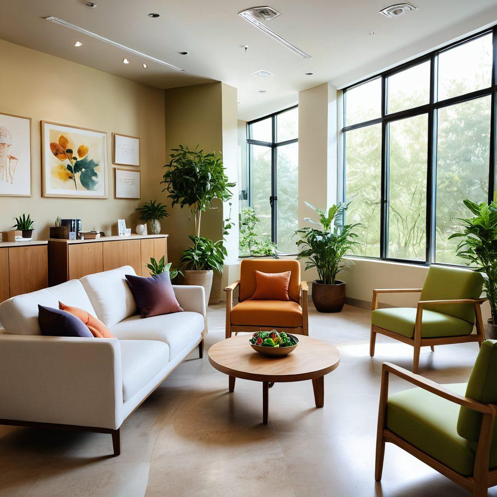 A serene healthcare setting featuring a diverse group of patients and providers engaged in a warm, collaborative discussion. The atmosphere is filled with natural light, lush plants, and cozy seating, symbolizing comfort and trust. Include elements representing wellness, like fresh fruits and calming colors, to evoke joy and optimism. Illustrate empathy through heartfelt expressions. super-realistic. warm tones. inviting atmosphere.