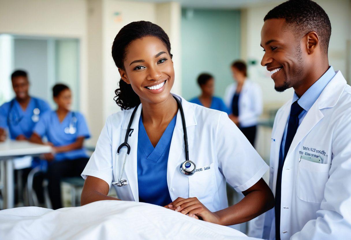 A compassionate doctor attending to a diverse group of smiling patients in a bright and modern medical facility. The scene should feature advanced medical equipment and patient care areas that convey a sense of comfort and professionalism. Soft natural lighting enhances the welcoming atmosphere, highlighting the bond between healthcare providers and patients. Include elements such as charts or digital interfaces that suggest efficient communication. super-realistic. warm colors. modern design.